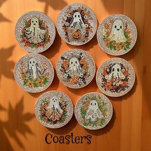 Hand Crafted Diamond Art Ghost Themed Coasters Set